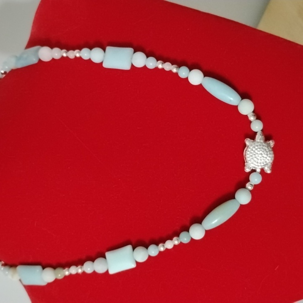Hand Crafted Elegant Amazonite Beaded Necklace With Sterling Silver Turtle